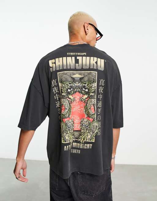 ASOS DESIGN – Oversize-T-Shirt in verwaschenem Schwarz mit Drachen-Print hinten 