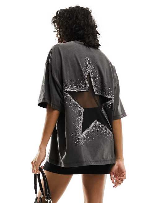ASOS DESIGN – Oversize-T-Shirt in verwaschenem Schwarz mit Sternmotiv