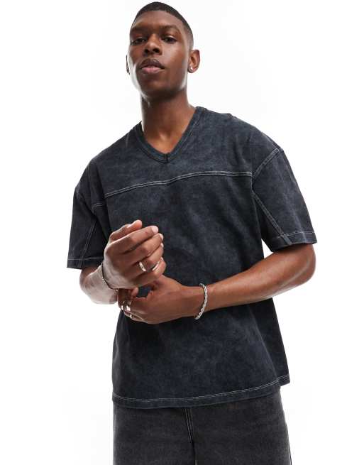 ASOS DESIGN – Oversize-T-Shirt in verwaschenem Schwarz mit V-Ausschnitt, 220 g/m² schwer