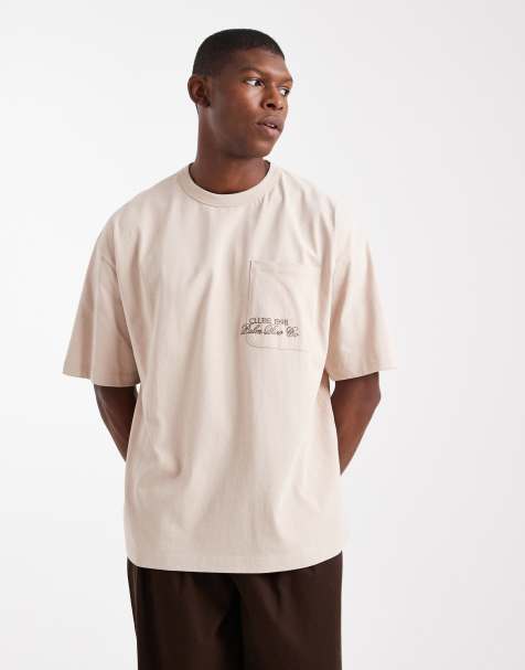 ASOS DESIGN – Oversize-T-Shirt in verwaschenem Steinbeige mit Brusttasche und Stickerei auf der Brust - view 1