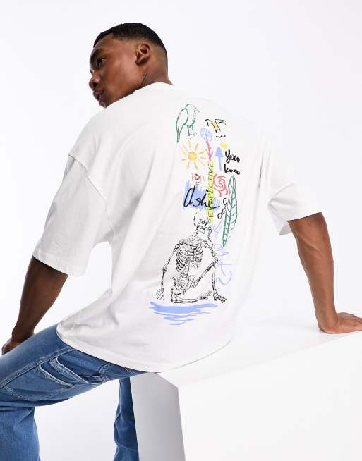 ASOS DESIGN – Oversize-T-Shirt in Weiß mit abstraktem Print entlang der Wirbelsäule