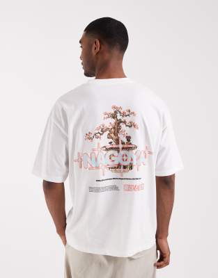 Oversize-T-Shirt in Weiß mit Bonsai-Rückengrafik Weiß L