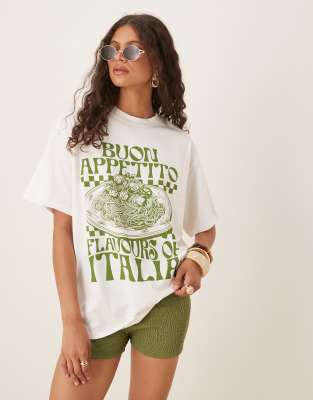 ASOS DESIGN - Oversize-T-Shirt in Weiß mit „Buon Appetito"-Print