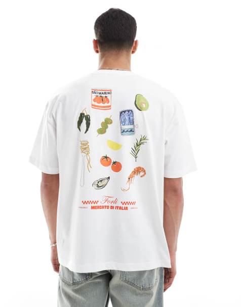 ASOS DESIGN – Oversize-T-Shirt in Weiß mit Cartoon-Lebensmittel-Grafiken - view 1