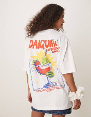 ASOS DESIGN - Oversize-T-Shirt in Weiß mit „Daiquiri"-Cocktail-Print