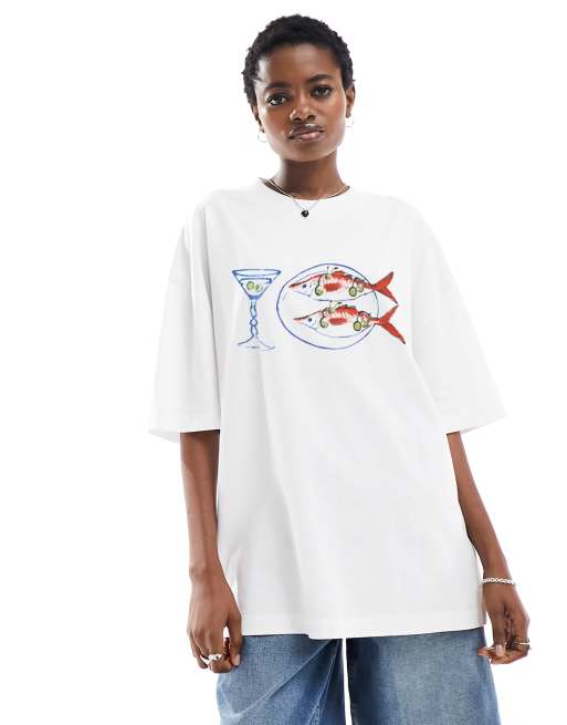 ASOS DESIGN – Oversize-T-Shirt in Weiß mit Fisch- und Martini-Grafikprint