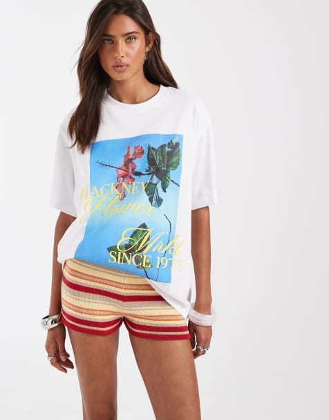 ASOS DESIGN – Oversize-T-Shirt in Weiß mit „Hackney“-Blumenprint - view 1
