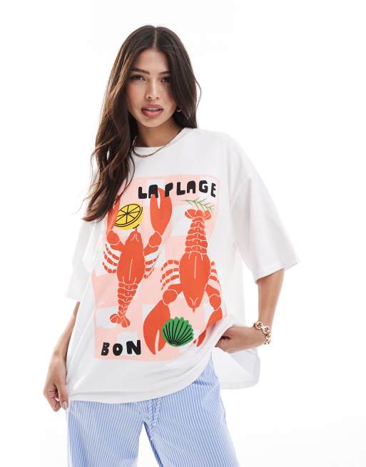 ASOS DESIGN – Oversize-T-Shirt in Weiß mit Hummer-Strand-Grafik in Weiß