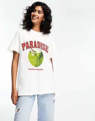 ASOS DESIGN - Oversize-T-Shirt in Weiß mit Kokosnuss-„Paradise"-Grafikprint