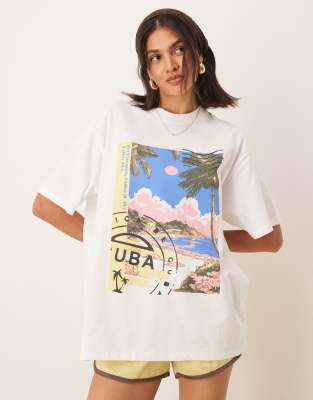 ASOS DESIGN - Oversize-T-Shirt in Weiß mit Kuba-Grafik