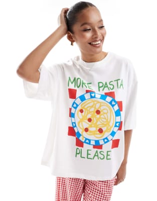 ASOS DESIGN - Oversize-T-Shirt in Weiß mit „Pasta"-Grafikprint