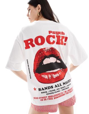 ASOS DESIGN - Oversize-T-Shirt in Weiß mit „Psych Rock"-Band-Lippen-Grafikprint