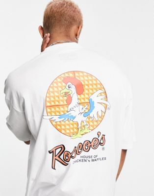 ASOS DESIGN – Oversize-T-Shirt in Weiß mit „Roscoes House of Chicken' N Waffles“-Print