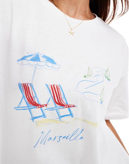ASOS DESIGN – Oversize-T-Shirt in Weiß mit skizzenhaftem Urlaubs-Motiv, 4 von 4