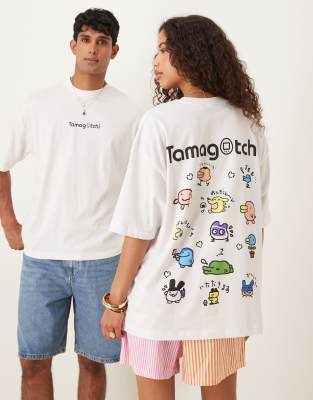ASOS DESIGN - Oversize-T-Shirt in Weiß mit Unisex-Schnitt und „Tamagotchi"-Prints