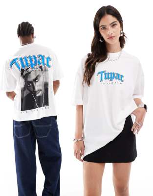 ASOS DESIGN - Oversize-T-Shirt in Weiß mit Unisex-Schnitt und „Tupac"-Prints