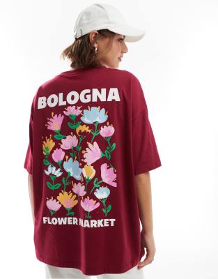 ASOS DESIGN - Oversize-T-Shirt in Weinrot mit „Flower Market"-Grafikprint