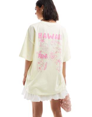 ASOS DESIGN - Oversize-T-Shirt in Zitronengelb mit „Hawaii"-Grafikprint