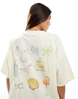 ASOS DESIGN - Oversize-T-Shirt in Zitronengelb mit Strandmotiven in Aquarellfarbe-Weiß