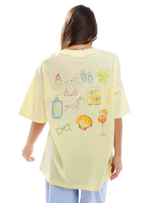 ASOS DESIGN – Oversize-T-Shirt in Zitronengelb mit Strandmotiven in Aquarellfarbe, 3 von 4