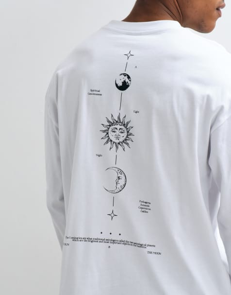 ASOS DESIGN oversize t-shirt med långa ärmar med himmelskt tryck i vitt - view 1