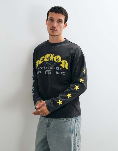 ASOS DESIGN oversize t-shirt med långa ärmar och tryck i tvättad svart - view 1