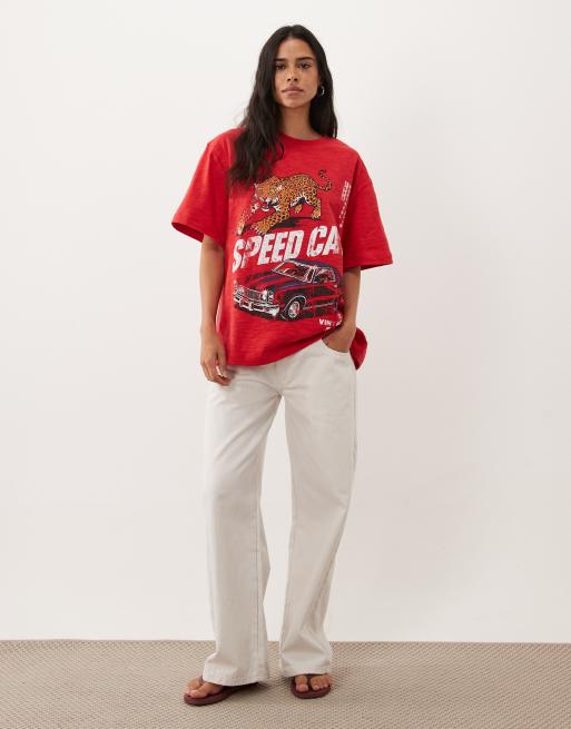 ASOS DESIGN oversize t-shirt med speed cat-tryck i röd slubjersey, 3 av 4