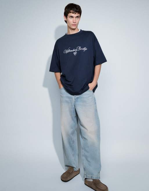 ASOS DESIGN oversize t-shirt med textbroderi i marinblått, 2 av 9