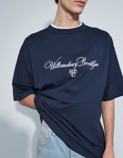 ASOS DESIGN oversize t-shirt med textbroderi i marinblått, 3 av 9