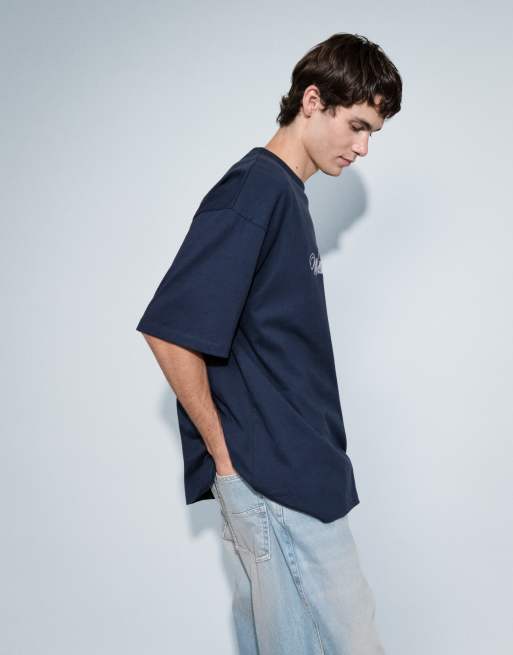 ASOS DESIGN oversize t-shirt med textbroderi i marinblått, 5 av 9