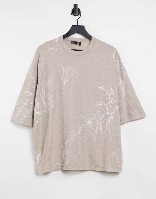 ASOS DESIGN – Oversize-T-Shirt mit All-over-Linienprint in Stein