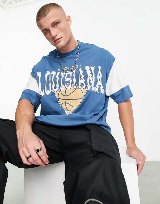 ASOS DESIGN – Oversize-T-Shirt mit Blockfarbendesign in Weiß und Ecru und „Louisiana“-Cityprint
