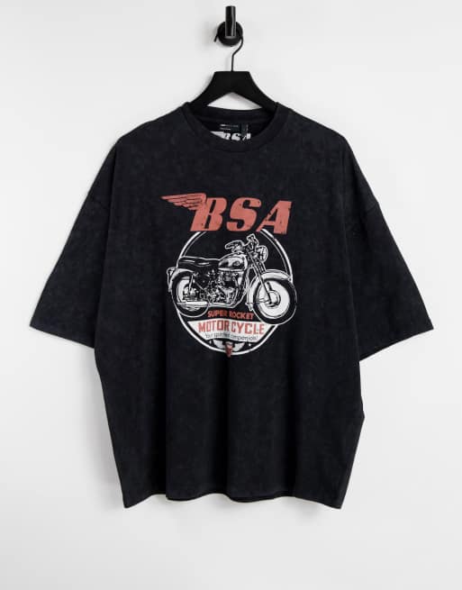 ASOS DESIGN – Oversize-T-Shirt mit BSA Motorrad-Print in verwaschenem Schwarz