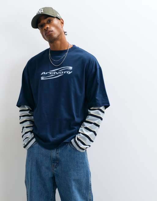 ASOS DESIGN Oversize-T-Shirt mit doppelter Lage und Textgrafik in Marineblau, 3 von 5