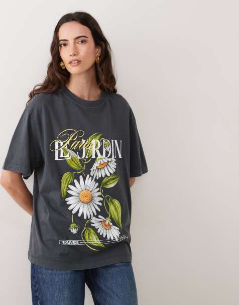 ASOS DESIGN Oversize-T-Shirt mit floralem Le Jardin-Print in Anthrazit - view 1