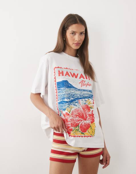 ASOS DESIGN Oversize-T-Shirt mit Hawaii-Postkartenmotiv in Weiß - view 1