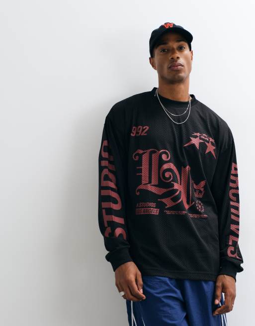 ASOS DESIGN Oversize-T-Shirt mit langen Ärmeln und Grafik aus schwarzem Mesh, 2 von 5