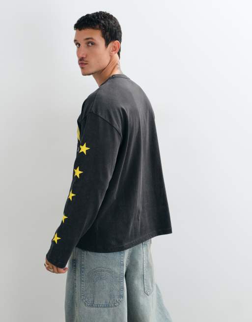 ASOS DESIGN Oversize-T-Shirt mit langen Ärmeln und Print in verwaschenem Schwarz, 2 von 9