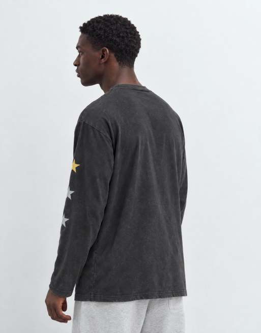 ASOS DESIGN Oversize-T-Shirt mit langen Ärmeln und Print in verwaschenem Schwarz, 7 von 9