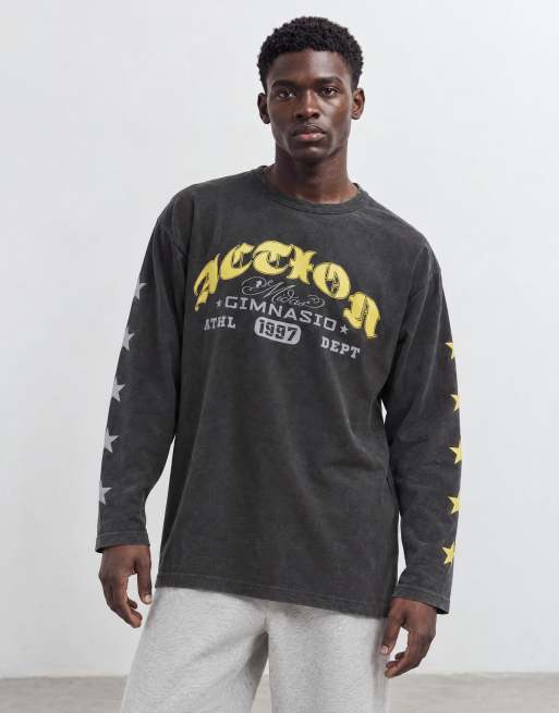 ASOS DESIGN Oversize-T-Shirt mit langen Ärmeln und Print in verwaschenem Schwarz, 8 von 9