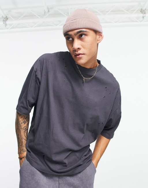 ASOS DESIGN – Oversize-T-Shirt mit Lochdetails in verwaschenem Schwarz