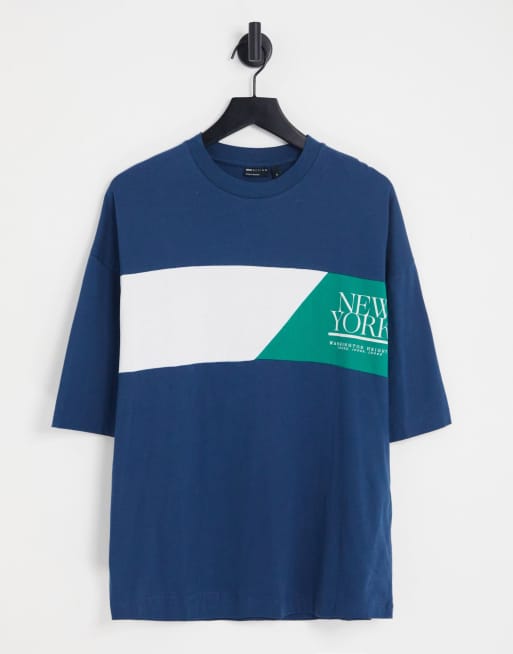 ASOS DESIGN – Oversize-T-Shirt mit „New York“-Cityprint und Blockfarbendesign in Marineblau und Grün