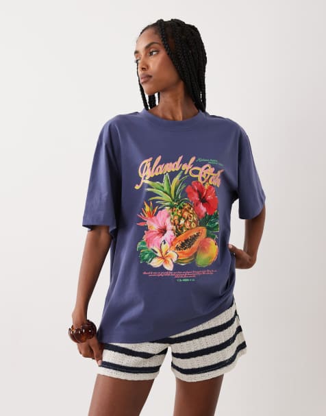 ASOS DESIGN Oversize-T-Shirt mit Oahu-Exotenfrucht-Print in Blau - view 1
