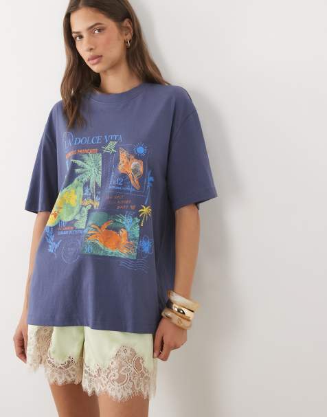ASOS DESIGN Oversize-T-Shirt mit Postkartenmotiv in Blau - view 1
