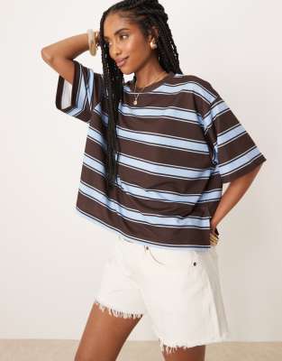 ASOS DESIGN - Oversize-T-Shirt mit Streifen in Babyblau und Schokobraun-Bunt
