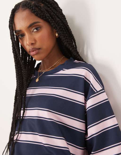 ASOS DESIGN – Oversize-T-Shirt mit Streifen in Marineblau und Rosa, 2 von 4