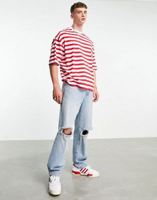 ASOS DESIGN – Oversize-T-Shirt mit Streifen in Rot und Weiß