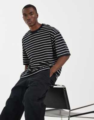 Oversize-T-Shirt mit Streifenmuster in Schwarz und Cremeweiß-Mehrfarbig Mehrfarbig L