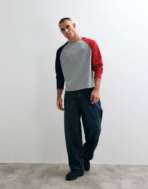 ASOS DESIGN Oversize T-shirt raglan z długim rękawem w kolorze szary melanż i czerwonym - view 1