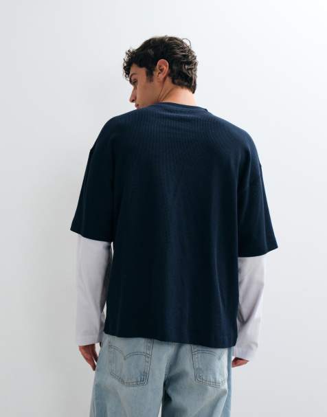 ASOS DESIGN oversize T-shirt z długim rękawem i podwójną warstwą w granatową waflową strukturę - view 1
